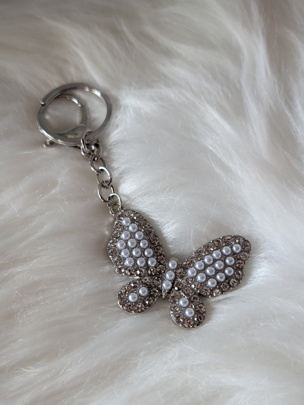 Silver Pearl Butterfly Keychain Charm